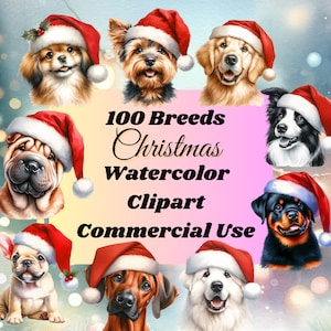 Watercolor Christmas Dogs Clipart Bundle, Santa Dogs PNG Clipart Bundle, Christmas Dog Portraits, Sublimation Dog Design Bundle, PNG Images