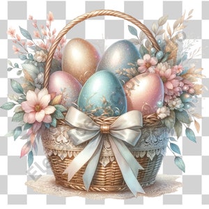 Clipart panier de Pâques aquarelle, ensemble de cliparts de Pâques, téléchargement numérique panier de Pâques aquarelle, sublimation, fond Transparent