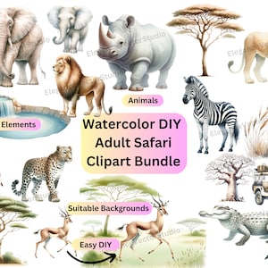 Aquarel safari clipartbundel, safari volwassen doe-het-zelfelementen, set van 45, aquarel dieren cliparts, kaarten maken, scrapbooking, DIY ambachten