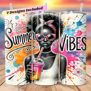 Summer Vibes Black Woman Tumbler Wrap, Summer Black Girl 20oz Skinny Tumbler Sublimation Designs, African American Tumbler Png Watercolor