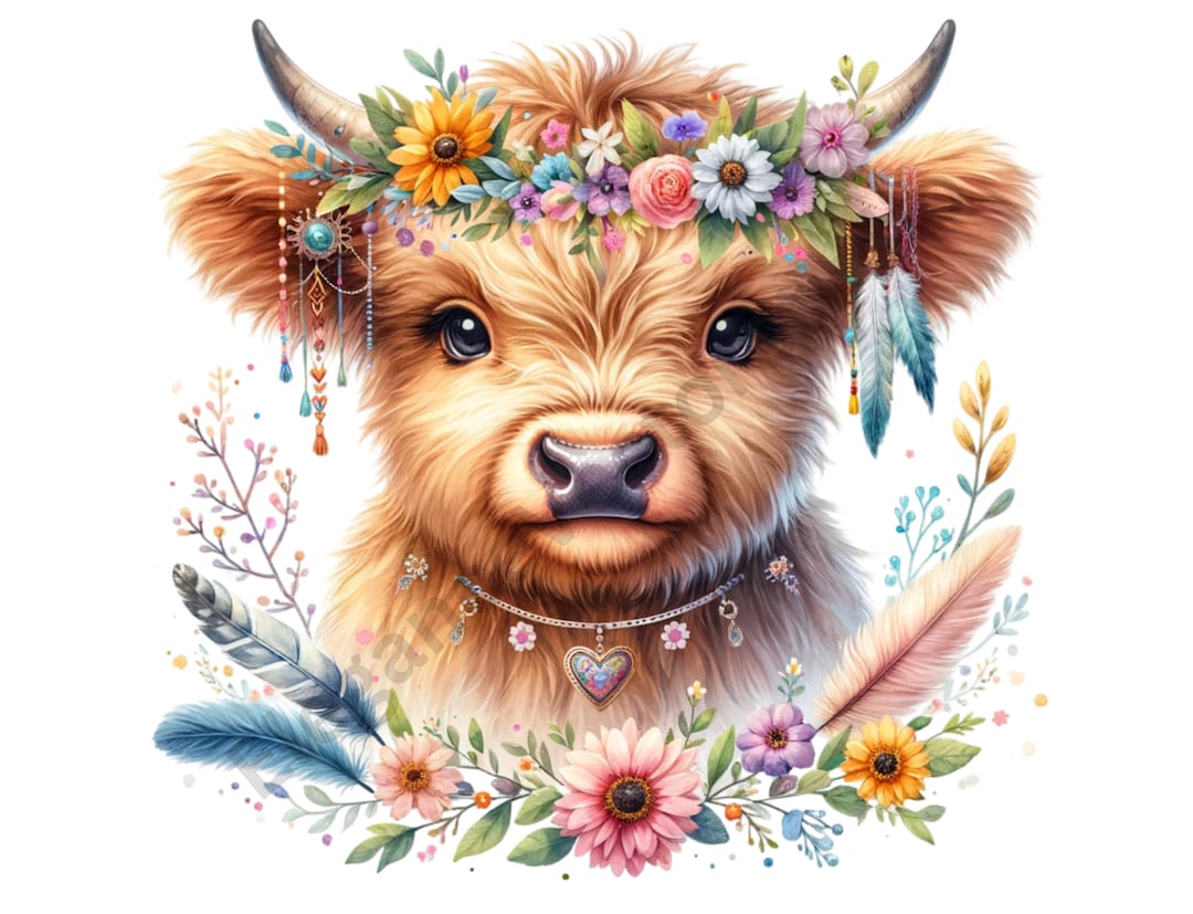 Boho Highland Cow Watercolor Clipart Bundle (PNG Digital Download) - Etsy
