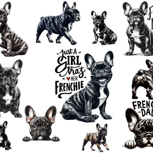 French Bulldog Clipart, Frenchie Clipart Bundle PNG, French Bulldog Mom, Frenchie Mama Gift, Hand Drawn Dog Art, Dog Lover Gift Cliparts