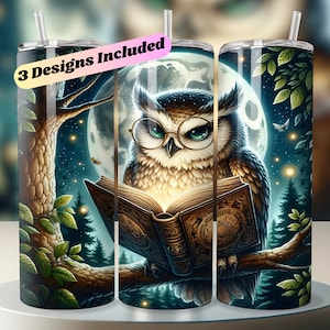 Owl Tumbler Bundle, Reading Owl Tumbler Wrap Design, Commercial Use, Nursery Tumbler Graphic, Owl Illustration 20 Oz Skinny Tumbler Wrap Png