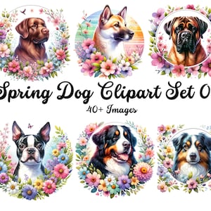 花柄の犬のクリップアート バンドル - 犬の春のデザイン、犬のイラスト プリント、水彩画の犬の品種のクリップアート、デジタル ダウンロード、商用利用、PNG