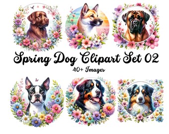 Könnte beinhalten: Ein Set digitaler Clipart-Bilder mit verschiedenen Hunderassen, umgeben von bunten Frühlingsblumen. Die Hunde sind in einem realistischen Stil mit detailliertem Fell und Ausdrücken dargestellt. Die Blumen sind lebendig und fröhlich und schaffen eine festliche und fröhliche Atmosphäre. Der Text "Spring Dog Clipart Set 02" und "40+ Images" ist im Bild enthalten.