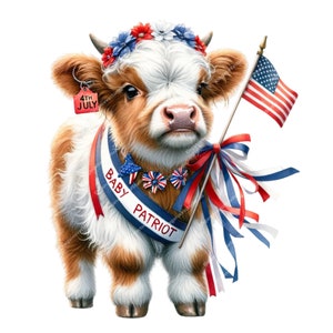 Lindo paquete de imágenes prediseñadas de vacas de las tierras altas patrióticas, imágenes prediseñadas del 4 de julio, vaca americana PNG, paquete de imágenes prediseñadas de vaca bebé de las tierras altas, vaca patriótica