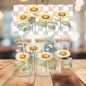Sunflowers 16oz Wrap PNG, Summer Flowers Frosted Glass Sublimation Design, Watercolor Floral Libbey Cup PNG, Flowers and Hearts Glass Can