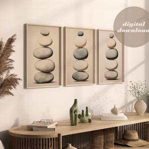 Zen Wall Art Print Set. Minimalist wall decor. Stacked stones. Balancing stones. Digital print for home, yoga studio, spa & office.