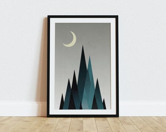 Abstract Mountain Landscape Print, Nordic Moon Art (Digital Download)