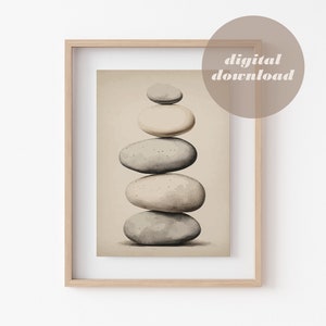 Może przedstawiać: Cyfrowy plik do pobrania z wydrukiem artystycznym przedstawiającym stos pięciu szarych i beżowych kamieni w minimalistycznym stylu.