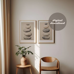 Zen Wall Art Print Set. Minimalist wall decor. Stacked stones. Balancing stones. Digital print for home, yoga studio, spa & office.