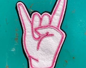 Hot Pink 'Rock On' Handcrafted Chainstitch Patch