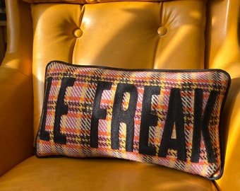 Hand Made Chainstitch 'Le Freak' Wool Tartan Rectangular Retro Cushion Cover