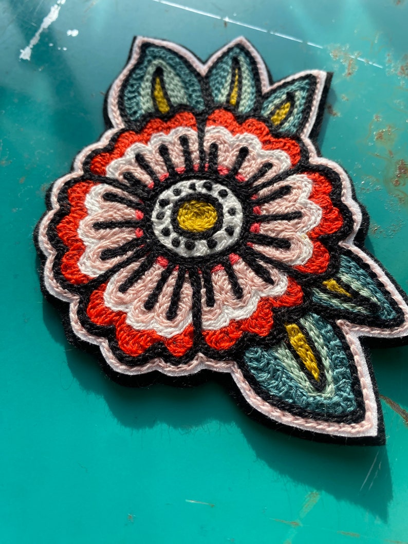 Set of Two Traditional Tattoo Flash Flower Handcrafted Chainstitch Patches image 6