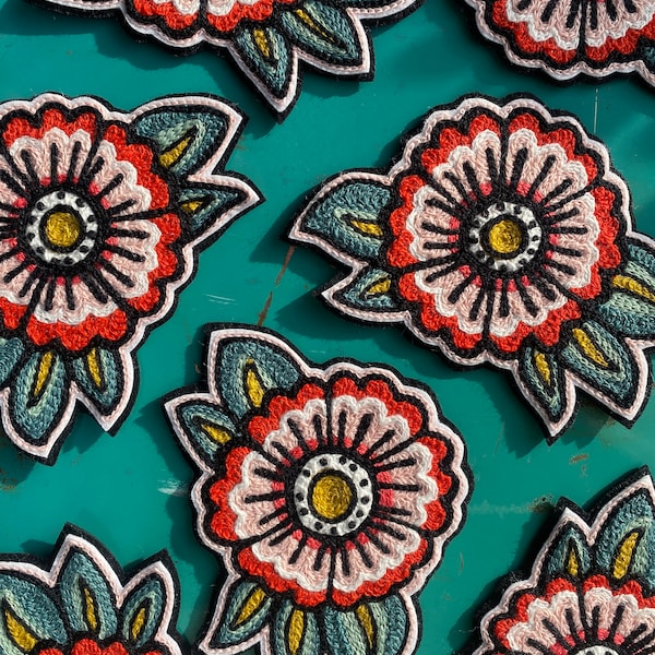 Traditional Tattoo Flash Flower Handcrafted Chainstitch Patch