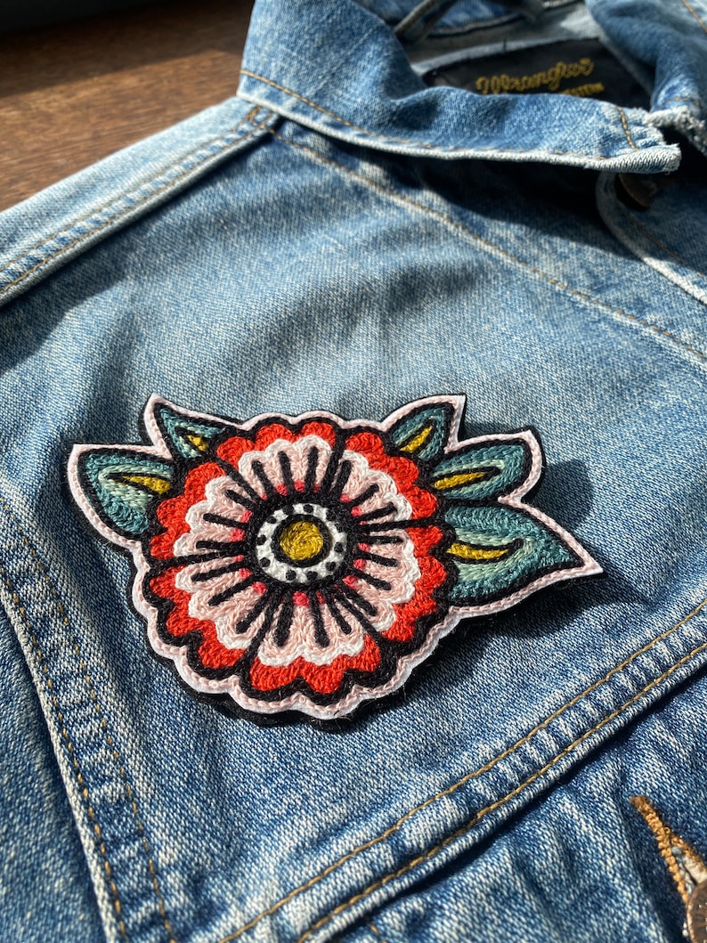 Set of Two Traditional Tattoo Flash Flower Handcrafted Chainstitch Patches image 7