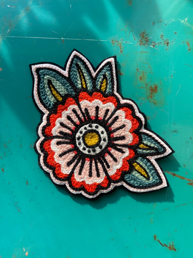 Set of Two Traditional Tattoo Flash Flower Handcrafted Chainstitch Patches image 5