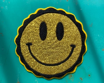 Glitter Smiley Rave Face Handcrafted Chainstitch Patch