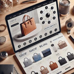 May include: A laptop screen displays an e-commerce website showcasing handbags. A tan leather handbag is featured prominently. Below, a catalog of various handbags in different colors and styles is visible. Accessories like a watch and jewelry are also present.