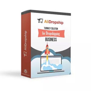 May include: A red box with a white and black illustration of a rocket launching from a laptop. The box has the text "AliDropship" in black and white, "Turnkey Solution for Dropshipping Business" in black and white, and a WordPress logo.