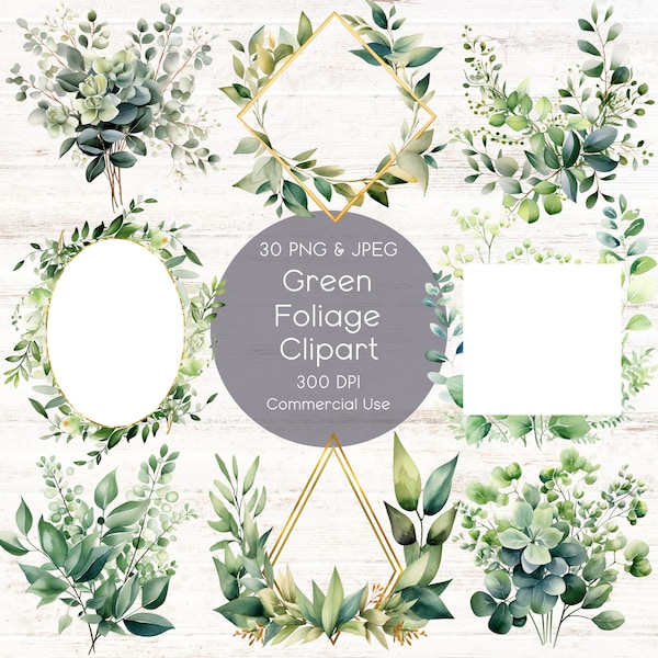 Green Foliage Clipart Bundle - 30 botanische elementen voor uitnodigingen - Digitale download - Op de natuur geïnspireerde afbeeldingen