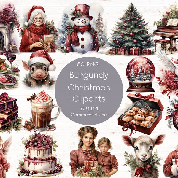 Burgundy Christmas Clipart, 50 High Quality PNG's, Junk Journals, Holiday Sublimation, Christmas Clipart, Watercolor Clipart, Commercial Use