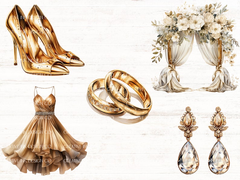 Gold Wedding Clipart, Bridal PNG, 25 High Quality PNG, Wedding Clipart