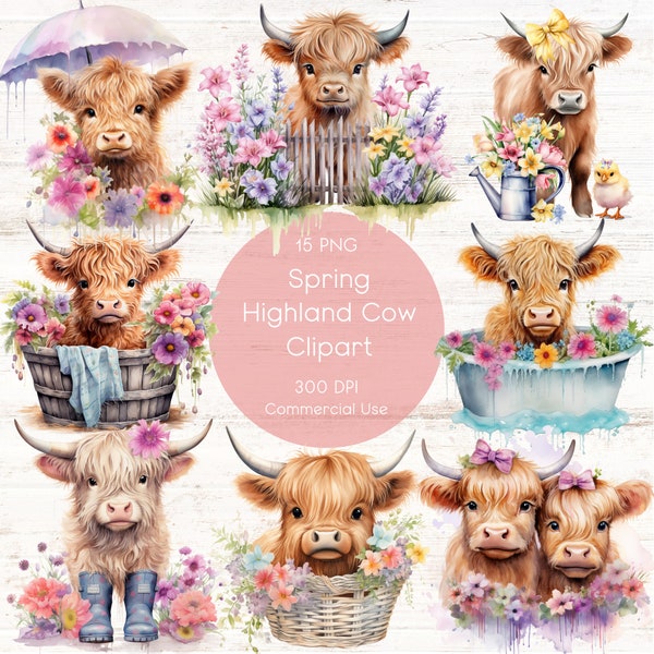 Watercolor Spring Highland Cow Clipart, 15 High Quality PNG's, Junk Journals, Cute Highland Cow, Highland Cow, Highland Cow Clipart