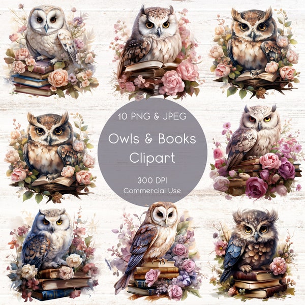 Watercolor Owl and Book Clipart, 10 High Quality PNG and JPEG Images, Books and Flowers Clipart, Owl Clipart, Book Images, Junk Journal