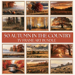 May include: A digital collection of 50 autumn-themed landscape artworks for TV frames, featuring scenes of deer, birch forests, pumpkins, sheep, and country roads with vibrant orange and red foliage, labeled 50 AUTUMN IN THE COUNTRY TV FRAME ART BUNDLE.