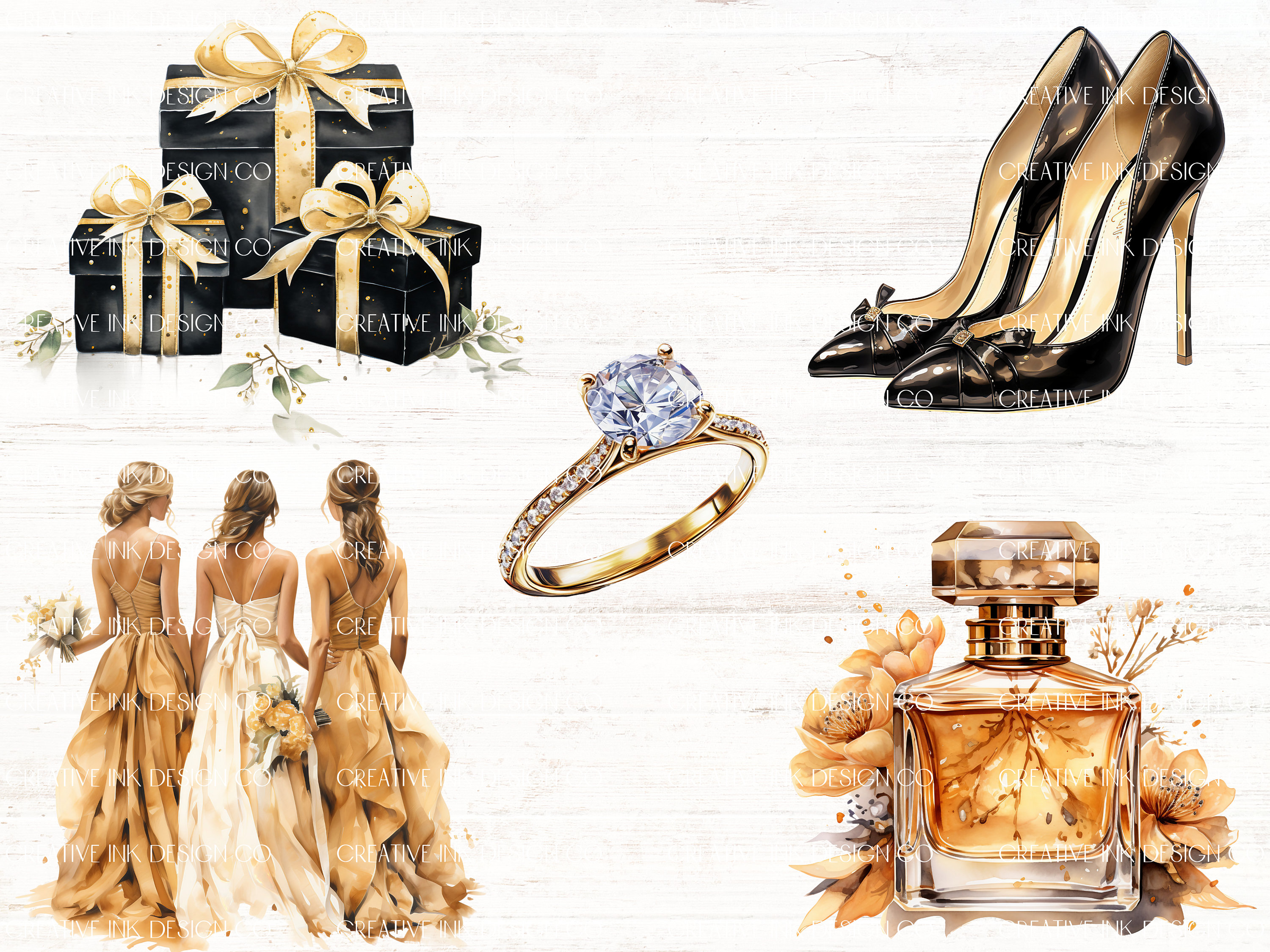 Gold Wedding Clipart, Bridal PNG, 25 High Quality PNG, Wedding Clipart