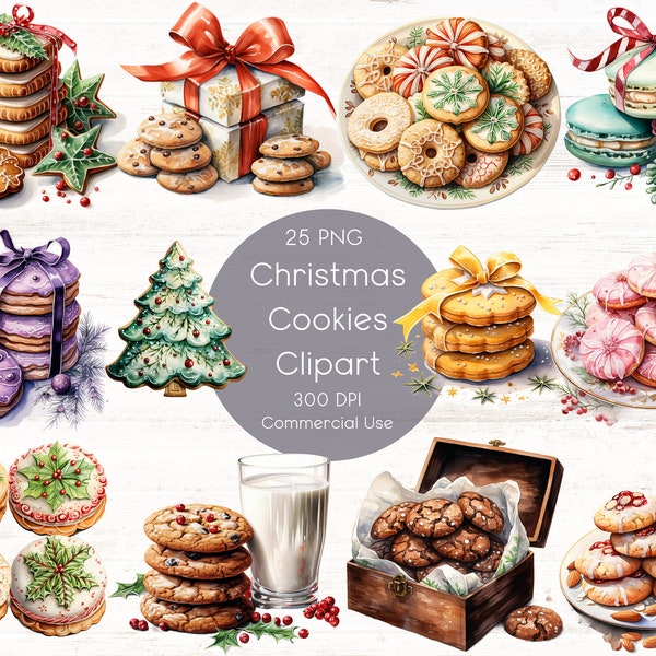 Christmas Cookie Clipart, 25 High Quality PNG's, Junk Journals, Holiday Sublimation, Christmas Baking, Watercolor Clipart, Commercial Use