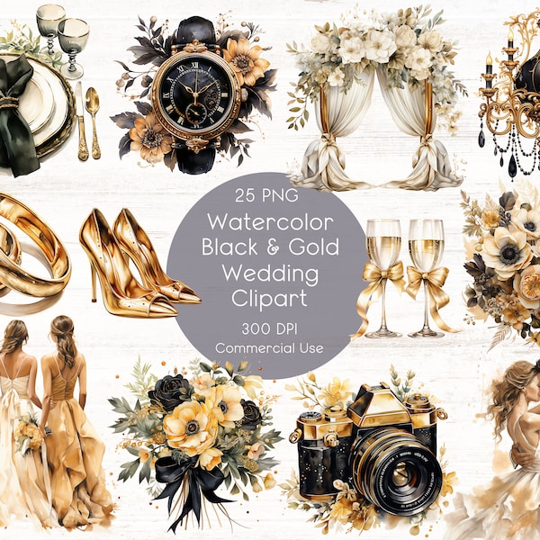 Gold Wedding Clipart, Bridal PNG, 25 High Quality PNG, Wedding Clipart, Watercolor Clipart, Gold Weddings, Commercial Use