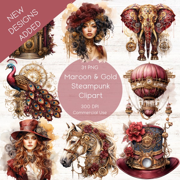 Steampunk Clipart, 31 PNG Clipart Bundle, Sublimation Designs, Watercolor Clipart, Vintage Victorian, Commercial Use