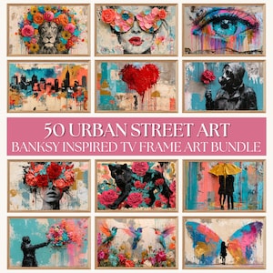 May include: A digital collection of 50 urban street art pieces featuring Banksy-inspired themes, including a lion with flowers, a person in a gas mask, a heart, a cityscape, and colorful butterflies, all presented in a grid with light wood frames.