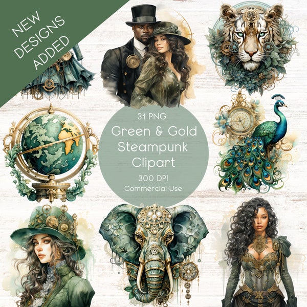 Steampunk Clipart Set, 31 Green and Gold Clipart - Perfect for Invitations, Vintage Gear Illustrations, Scrapbooking, Digital Elements