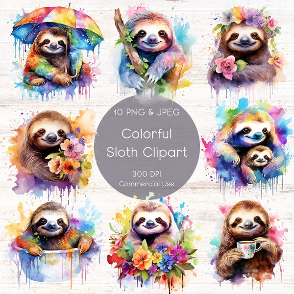 Sloth Clipart Set -10 Cute & Colorful PNGs for Scrapbooking, Invitations, Nursery Decor. Instant Download, DIY Graphics. Adorable Animal Art