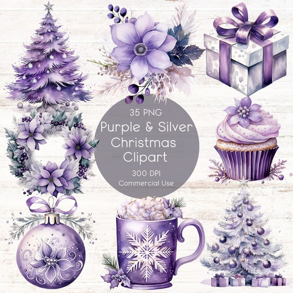 Christmas Clip Art, 35 Christmas PNG, Transparent PNG, Watercolor Christmas, Purple Christmas, Junk Journal Elements, Commercial Use