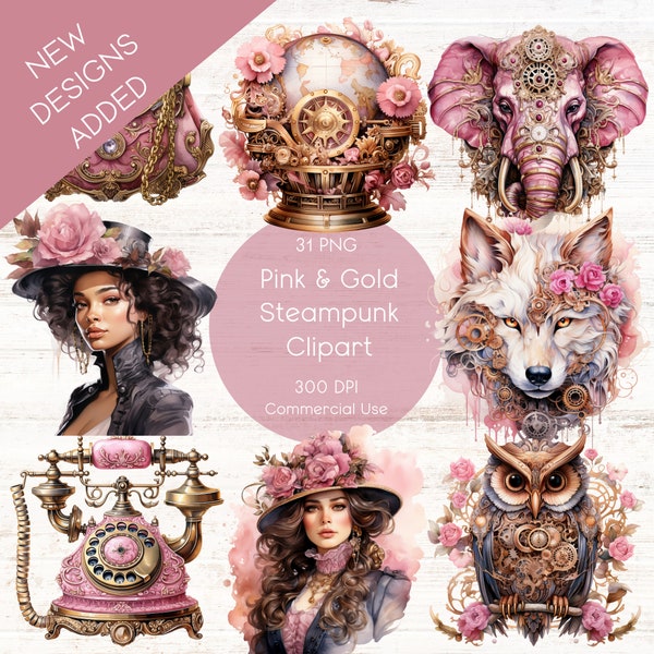 Steampunk Clipart Set of 31 in Pink and Gold - Perfect for Invitations, Vintage Gear Illustrations, Scrapbooking, Digital Elements