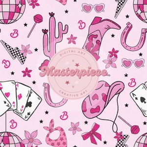 Western Pink Barbie Seamless Pattern, Barbie Retro Seamless Pattern Files for Fabric Printing, Girly Seamless Design