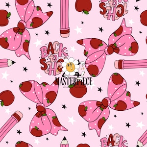 Coquette Pink Bow Back to School Seamless Pattern, Red Apple Pattern for Fabric Sublimation, School Pattern for Girls, Commercial Use