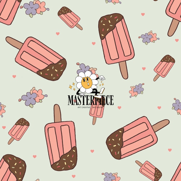 Colorful Spring Floral, Ice Cream Seamless Pattern on Mint Green, Pattern Designs Perfect for Fabric Printing