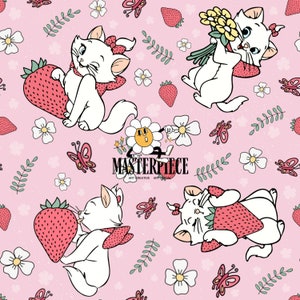 Cute Marie Aristocats Seamless Pattern, Summer Cat Seamless File, Strawberry Fabric Pattern, Floral seamless Design, Pink Background