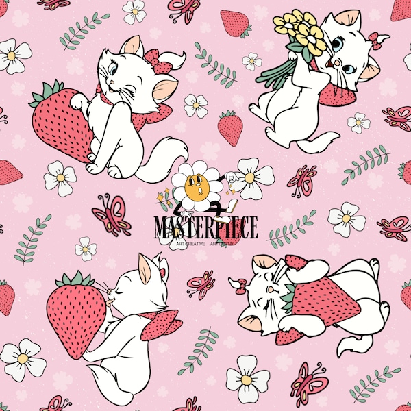 Cute Marie Aristocats Seamless Pattern, Summer Cat Seamless File, Strawberry Fabric Pattern, Floral seamless Design, Pink Background