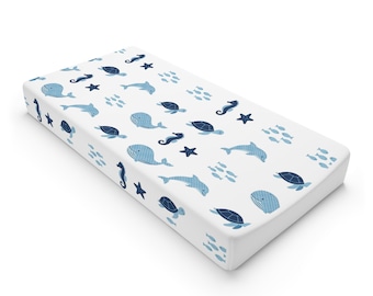 Nautical Sea Creatures Baby Changing Pad Cover | Ocean Whale Dolphin Starfish