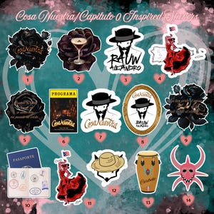May include: A collection of colorful stickers with various designs. Includes stickers of a black rose, a cocktail, a man in a hat, a woman in a red dress, a passport, and more. The stickers have text in Spanish.