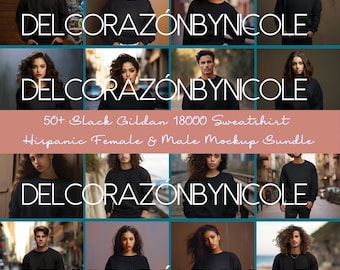 Schwarzes Gildan 18000 Sweatshirt | Hispanic Modell Mockup | Weibliches Mockup | Weiblich Mockup | Hispanic Modell Mockup | Porto Rican Model Mockup