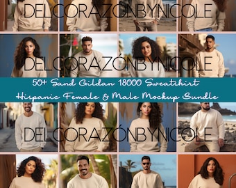 Sand Gildan 18000 Sweatshirt | Hispanic Modell Mockup | Weibliches Mockup | Weiblich Mockup | Hispanic Modell Mockup | Porto Rican Model Mockup