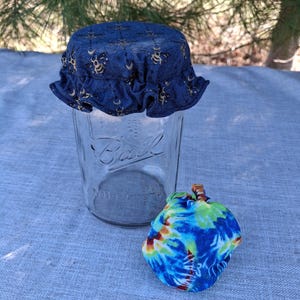 May include: A clear glass jar with a blue fabric lid featuring a bee and crescent moon pattern. Beside it is a small, colorful fabric apple with blue, green, and red tie-dye patterns. The jar is on a blue surface.