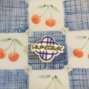 Pu&ograve; includere: Un piatto di ceramica bianca con un motivo a quadretti blu e illustrazioni di ciliegie. Il piatto ha un piccolo logo bianco e viola con la scritta "HUNTRA". Le ciliegie sono rosse con steli e foglie verdi.